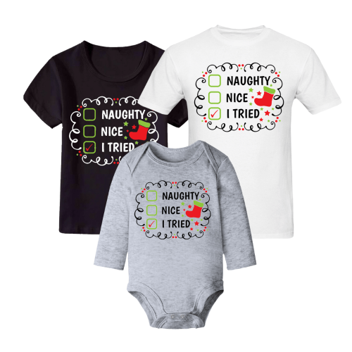 Naughty Nice I Tried Checklist | Christmas | Baby Vest Bodysuit Onesie |  Kids T-Shirt