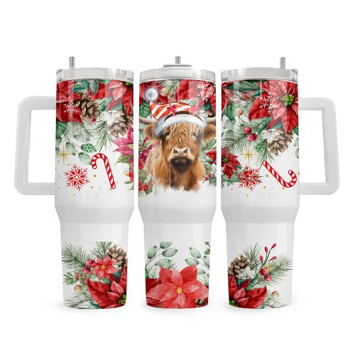Christmas Highland Cow | Christmas | Travel Tumbler Double Wall Stainless Steel Thermal Travel Mug | Custom Printed | 1.2L Size