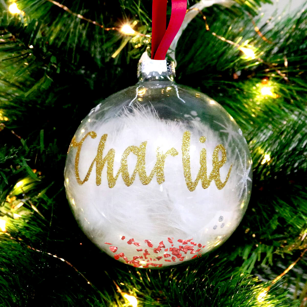 Feather Filled Transparent Christmas Baubles Balls Buy Online South Africa Gold Bauble Red Ribbon and Sand