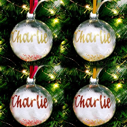 Feather and Dust Filled Wine Red or Gold Christmas Baubles | Personalised