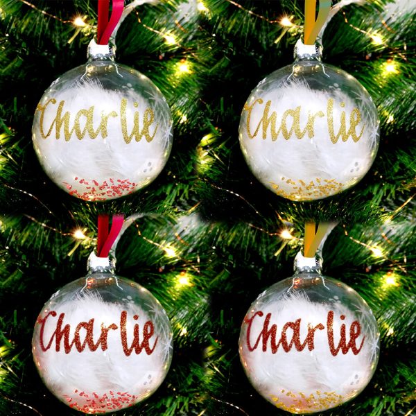 Feather and Dust Filled Wine Red or Gold Christmas Baubles | Personalised