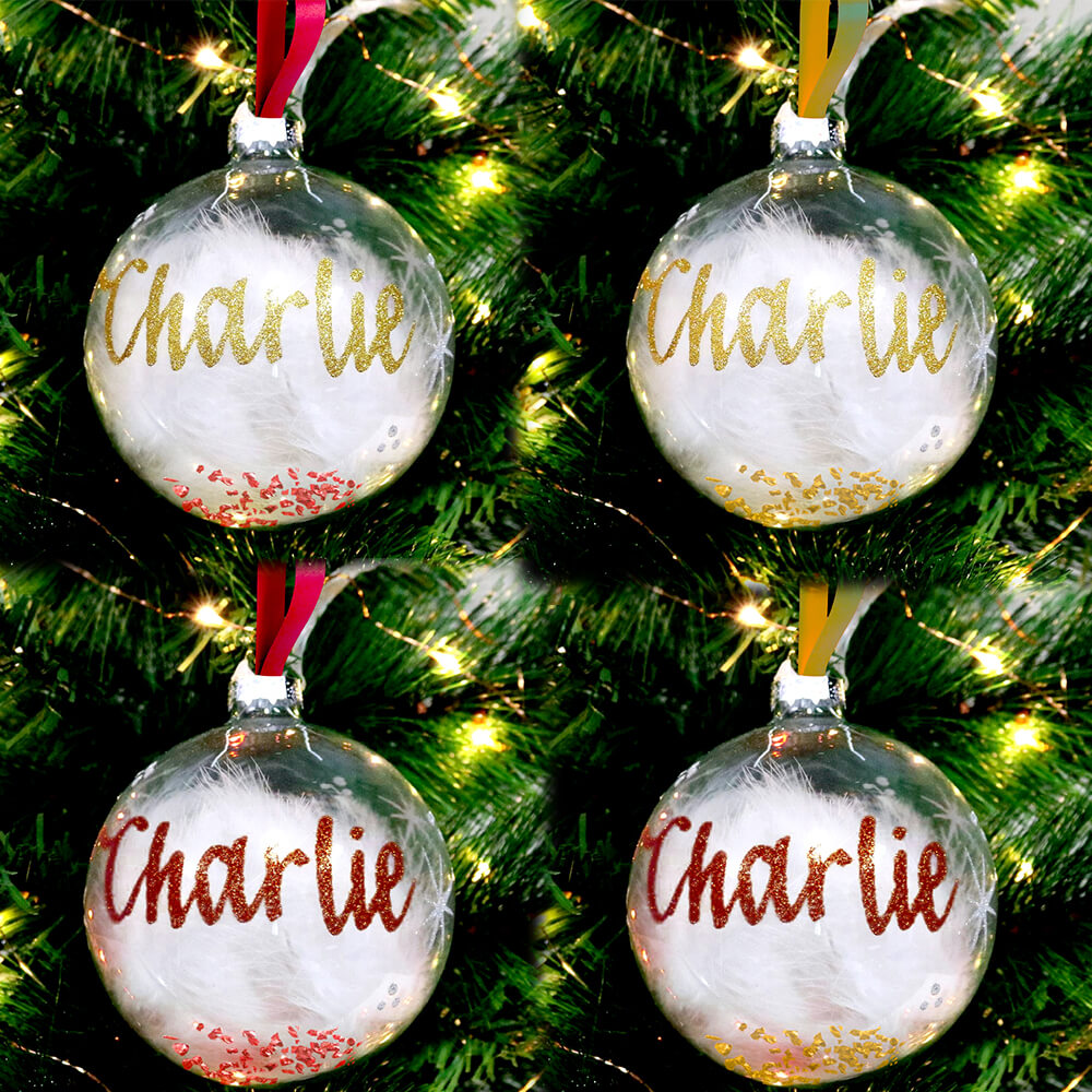 Feather and Dust Filled Wine Red or Gold Christmas Baubles | Personalised