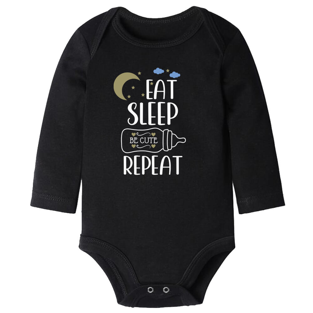 Eat Sleep Be Cute Repeat Black Long Sleeve Baby Vest