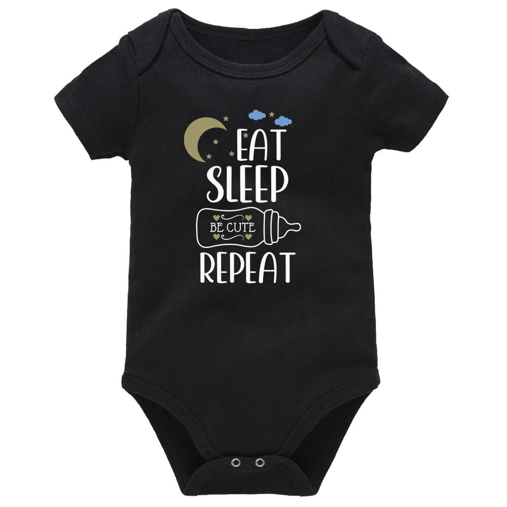Eat Sleep Be Cute Repeat Black Short Sleeve Baby Vest