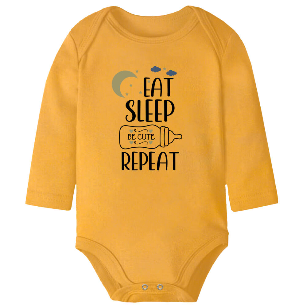 Eat Sleep Be Cute Repeat Mustard Long Sleeve Baby Vest