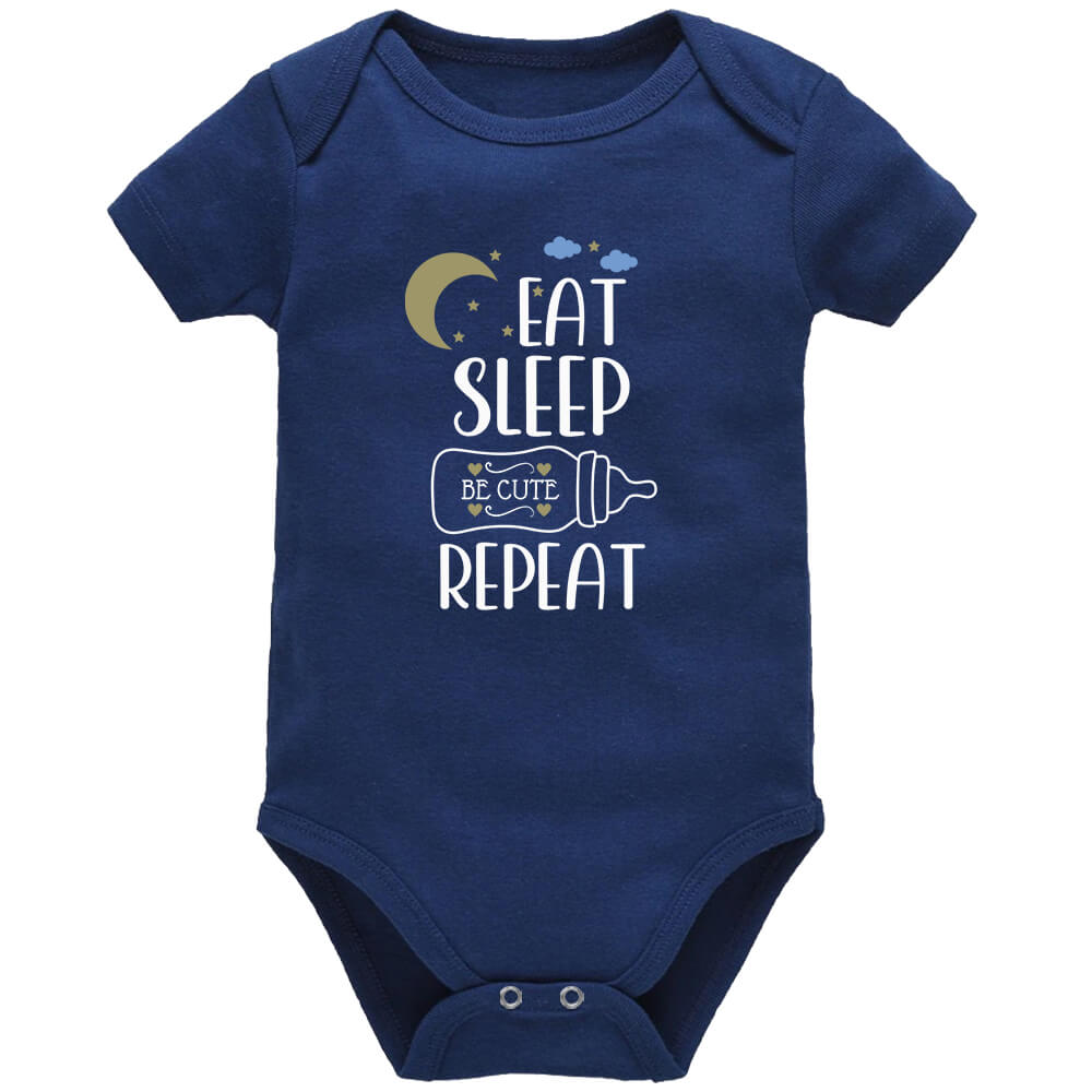 Eat Sleep Be Cute Repeat Navy Short Sleeve Baby Vest