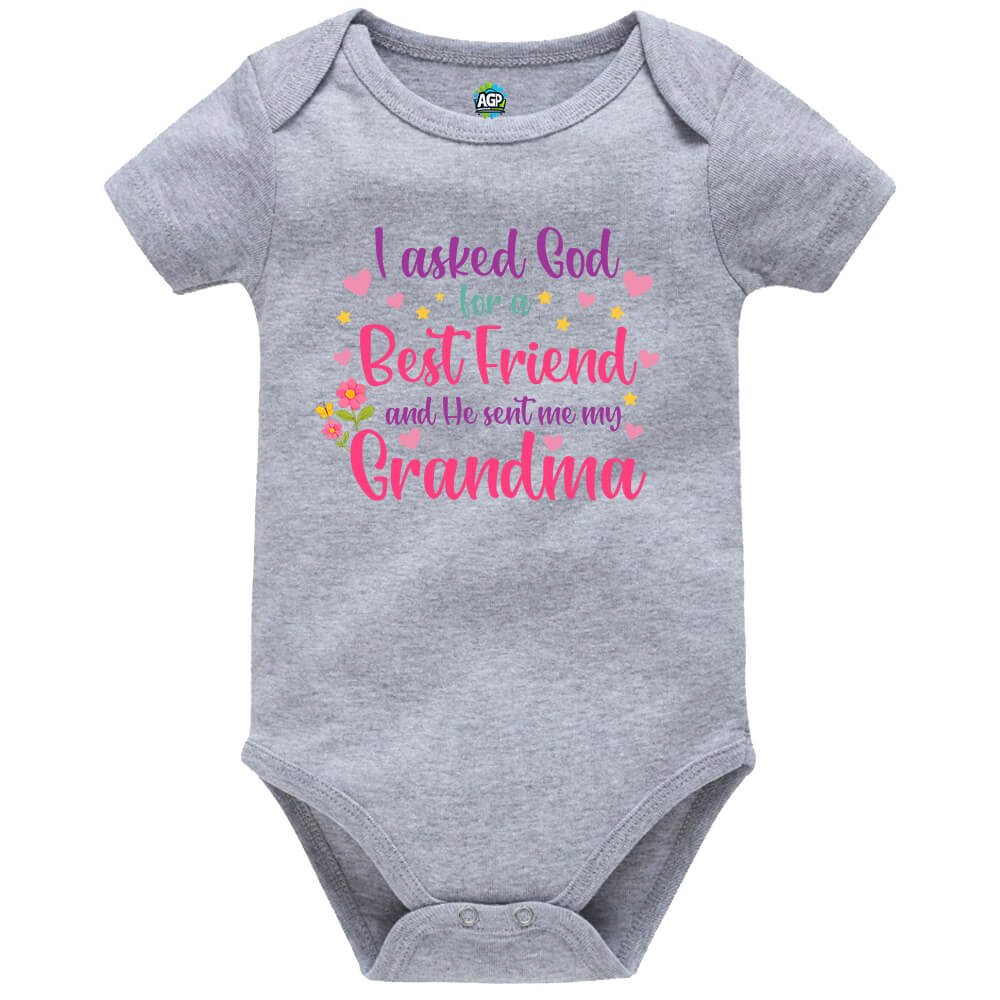 I Asked God Grey Short Sleeve Baby Vest Grandma