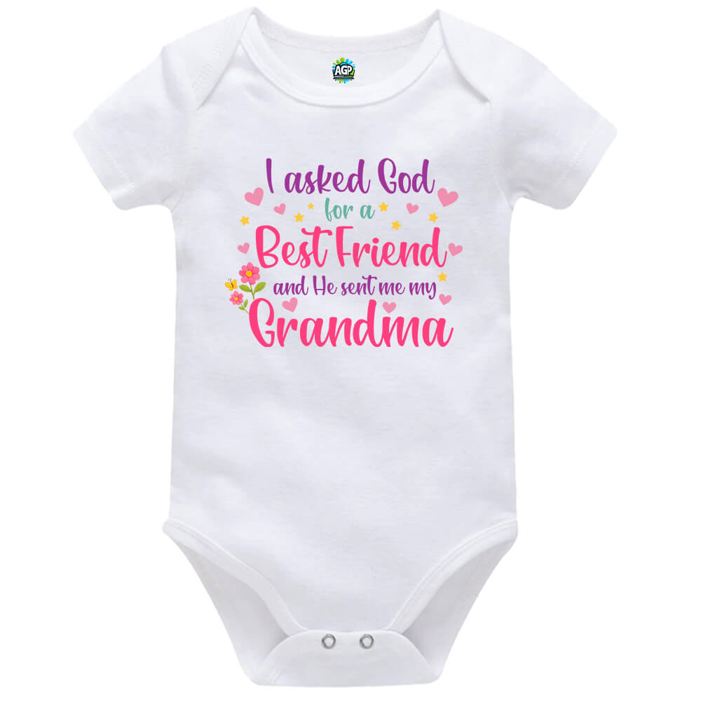 I Asked God White Short Sleeve Baby Vest Grandma