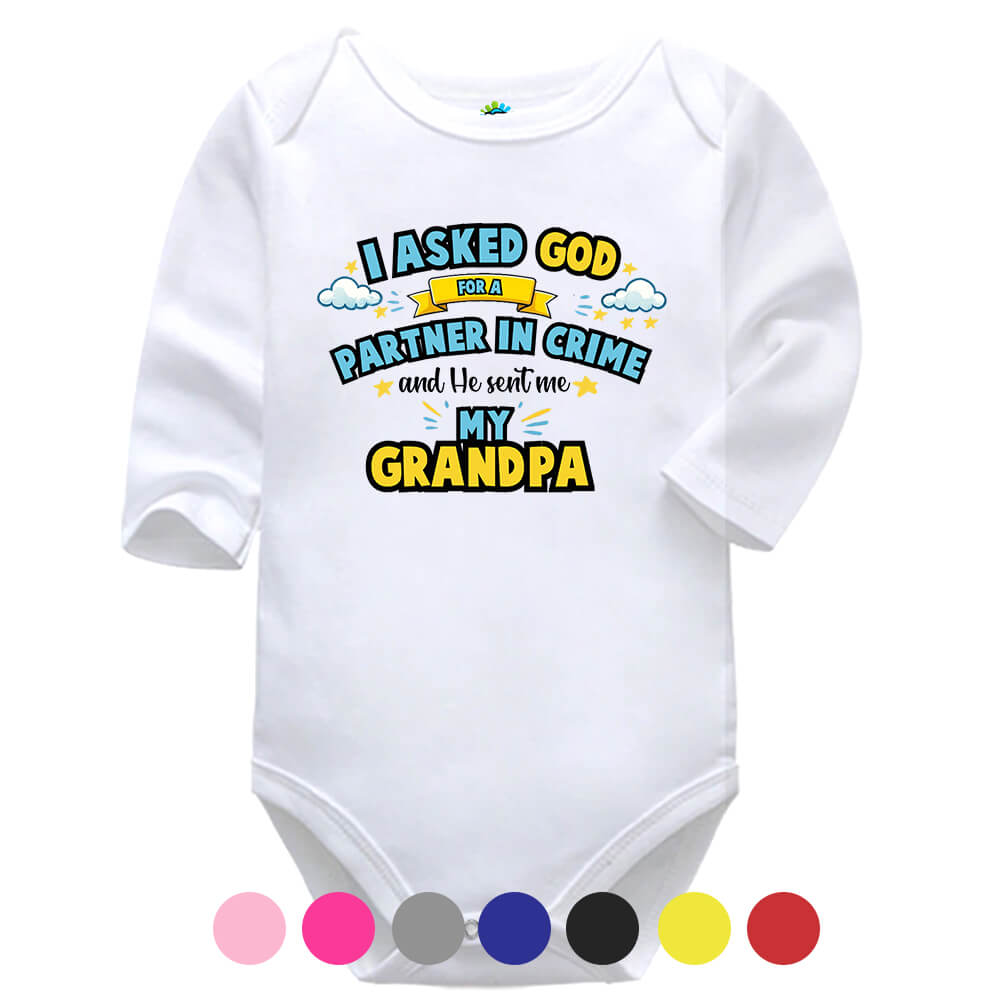I Asked God For A Partner In Crime | Grandparents | Christian | Baby Vest Bodysuit Onesie